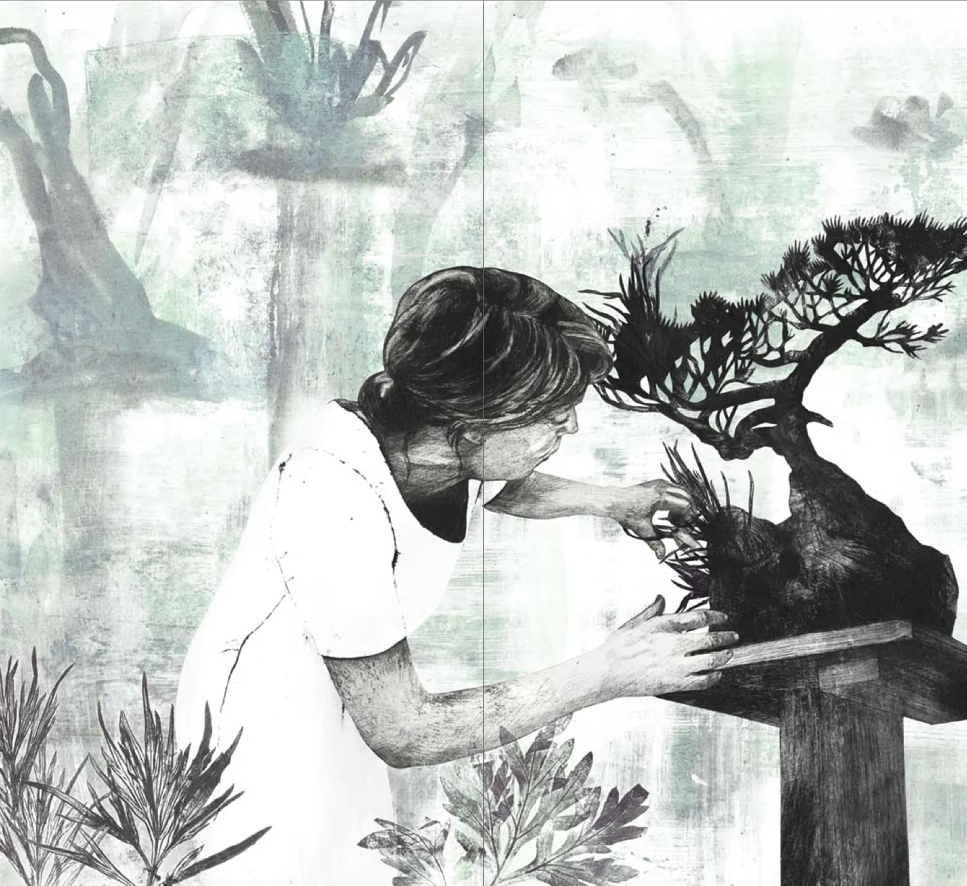De zeer vermoeide man en de vrouw die hartstochtelijk van bonsai hield, beeld 5